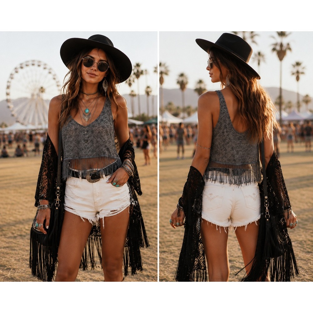Hollister Fringe Crop Tank Top Burnout Gray Women L Boho Festival Western Indie